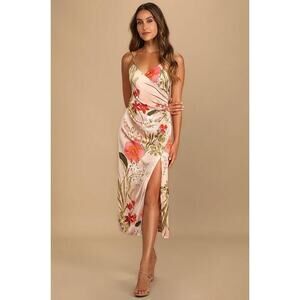 LULUS Women's Remarkable Entrance Satin Midi Dress Size S In Pink Floral Print